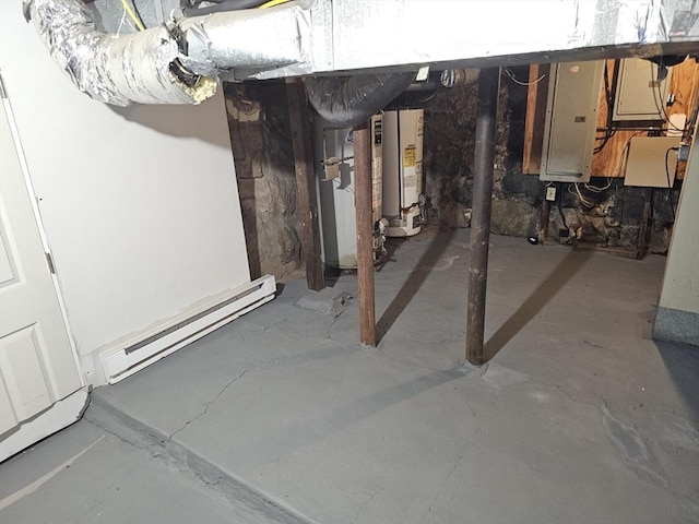 unfinished basement with water heater and baseboard heating