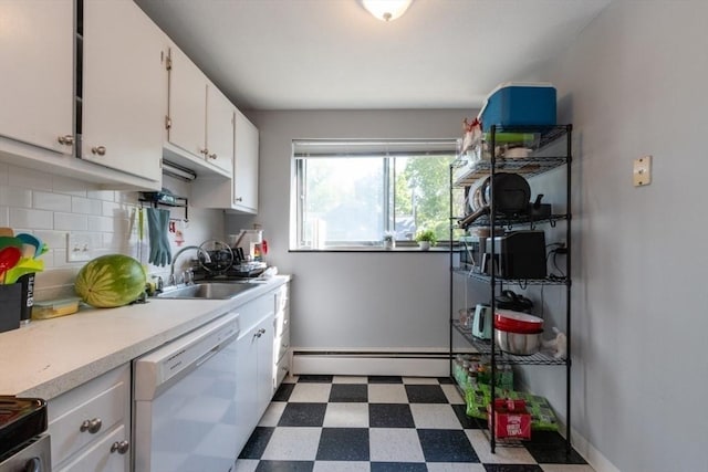 57 Saint Paul St Unit 19, Brookline, MA 02445 - kitchen with dishwasher, baseboard heating, a sink, dark flooring, and light countertops