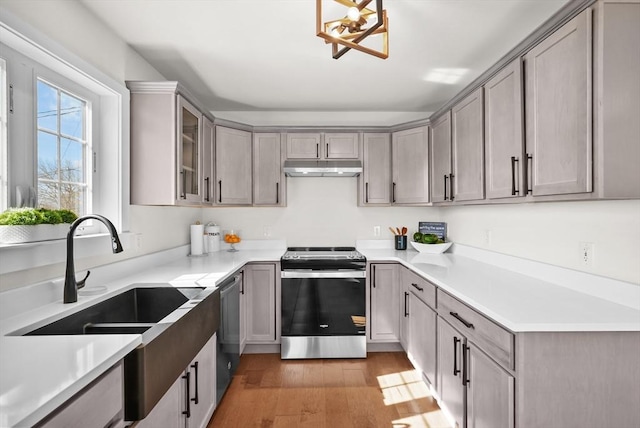 kitchen with gray cabinetry, light wood-type flooring, sink, and appliances with stainless steel finishes