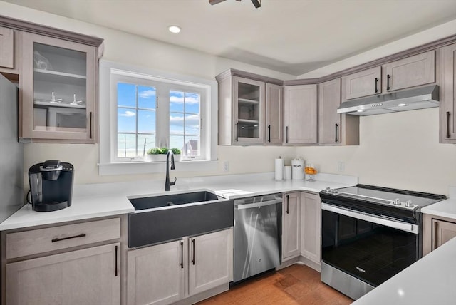 kitchen with sink, appliances with stainless steel finishes, and light hardwood / wood-style flooring