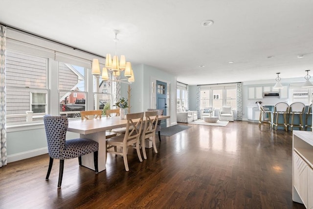77 Lighthouse Rd, Scituate, MA 02066 - dining space featuring healthy amount of natural light, a chandelier, and dark wood-style flooring