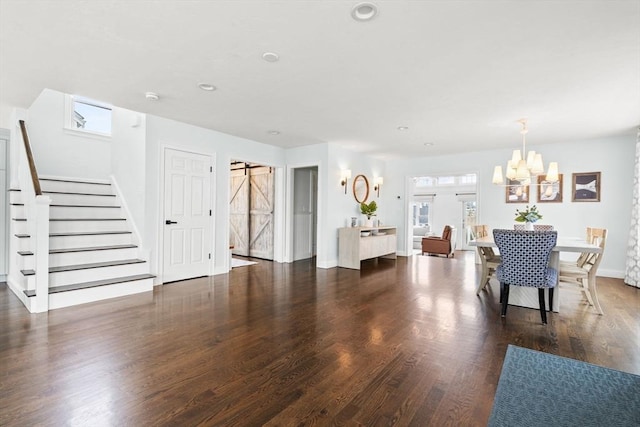 77 Lighthouse Rd, Scituate, MA 02066 - living room featuring a chandelier, stairway, wood finished floors, baseboards, and recessed lighting