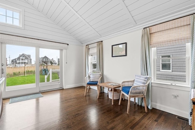 77 Lighthouse Rd, Scituate, MA 02066 - living area with vaulted ceiling, wood finished floors, baseboards, wooden ceiling, and crown molding