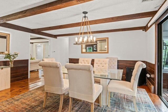 dining space featuring beam ceiling, wood-type flooring, wainscoting, wood walls, and a chandelier