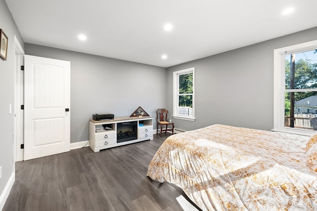 bedroom with multiple windows and dark hardwood / wood-style flooring