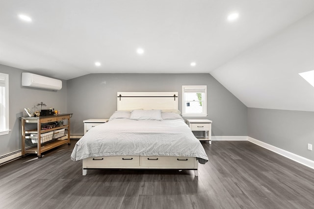 bedroom featuring dark wood-type flooring, a wall unit AC, and vaulted ceiling