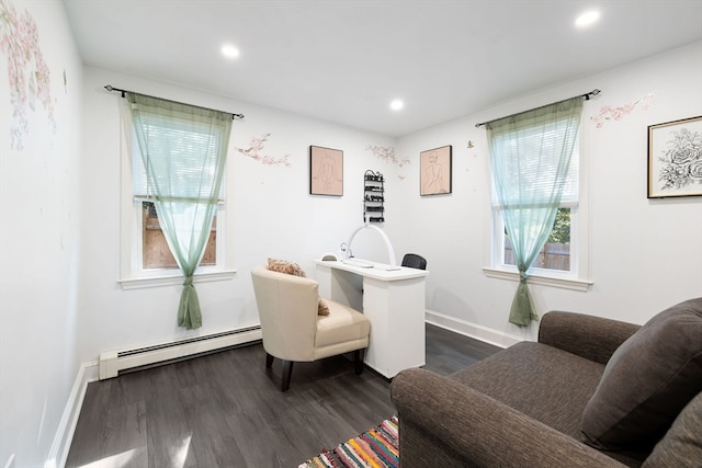 office featuring dark hardwood / wood-style flooring and baseboard heating