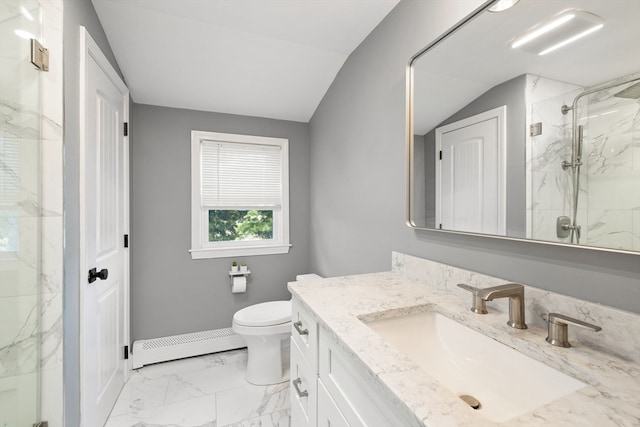 bathroom with a baseboard heating unit, walk in shower, toilet, lofted ceiling, and vanity