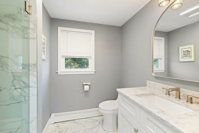 bathroom with a shower with door, a baseboard radiator, toilet, and vanity