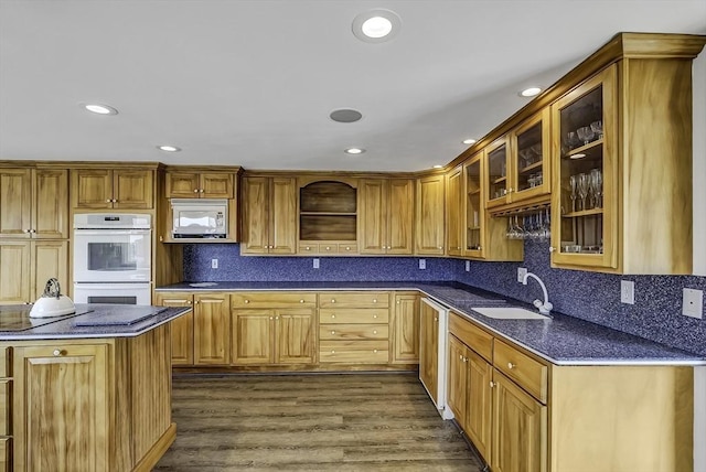 31 Baxendale Rd, Bourne, MA 02532 - kitchen featuring a sink, recessed lighting, white appliances, and dark wood-type flooring