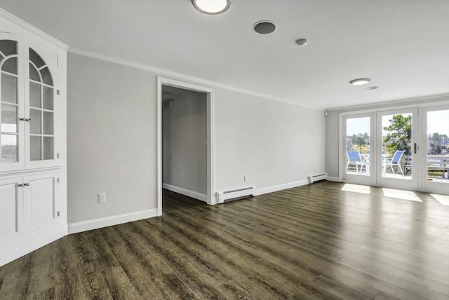 31 Baxendale Rd, Bourne, MA 02532 - empty room with crown molding, dark wood finished floors, baseboards, and baseboard heating