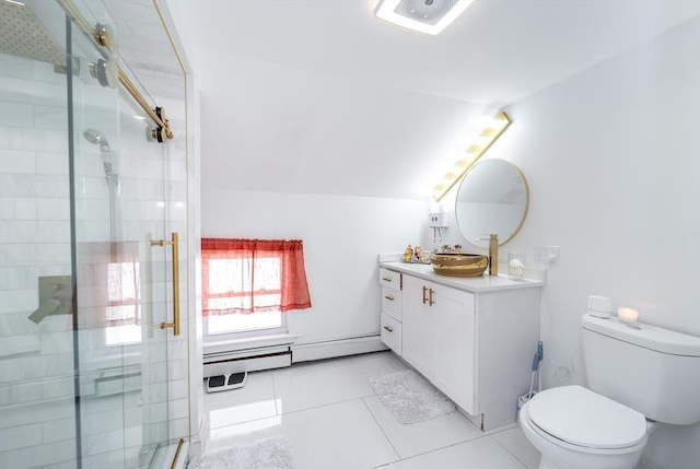 full bathroom featuring a stall shower, toilet, tile patterned floors, vaulted ceiling, and vanity