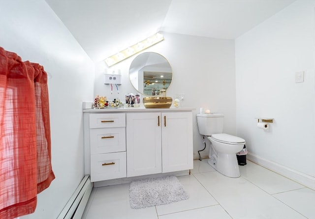 bathroom with lofted ceiling, tile patterned flooring, toilet, vanity, and baseboards