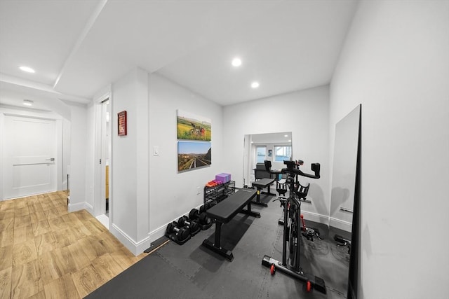 137 Walden St Unit 137, Cambridge, MA 02140 - workout area featuring recessed lighting, baseboards, and wood finished floors