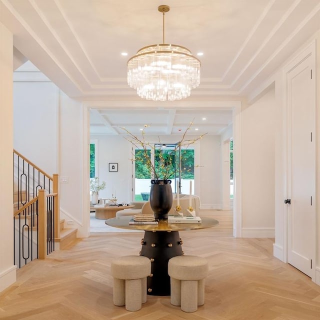 95 Blake St, Newton, MA 02460 - hall with a chandelier, stairway, and baseboards