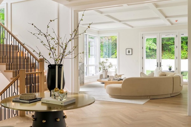 95 Blake St, Newton, MA 02460 - living room featuring coffered ceiling, stairs, beamed ceiling, and french doors