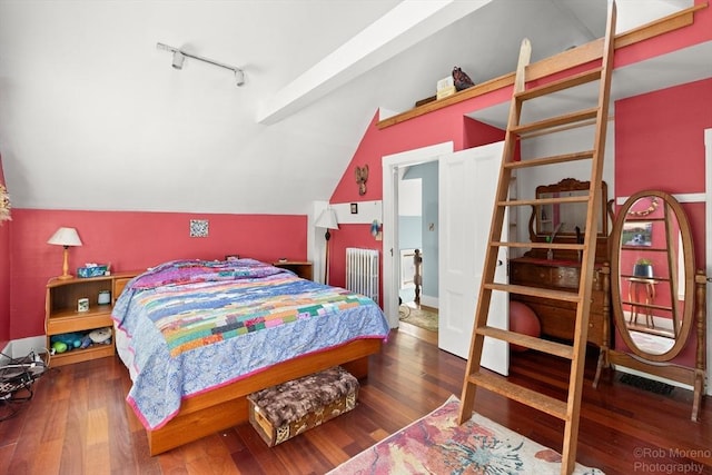 11 Hickory St, Gloucester, MA 01930 - bedroom with lofted ceiling, rail lighting, and wood finished floors