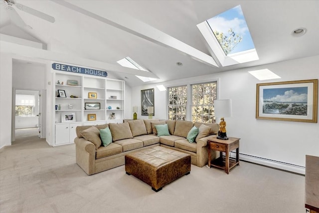 living area featuring a baseboard heating unit, vaulted ceiling with skylight, and light carpet