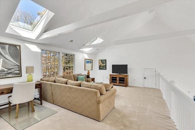 living room with lofted ceiling with skylight and light colored carpet