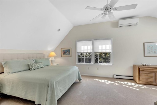 bedroom featuring an AC wall unit, a ceiling fan, carpet, a baseboard radiator, and lofted ceiling