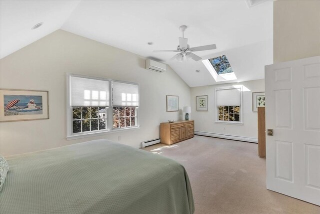 carpeted bedroom featuring vaulted ceiling with skylight, multiple windows, a wall unit AC, and a baseboard radiator