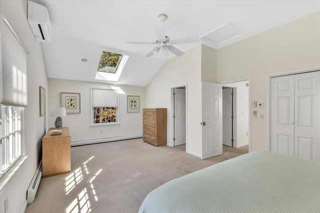 bedroom featuring a wall mounted air conditioner, a baseboard radiator, lofted ceiling, and light colored carpet