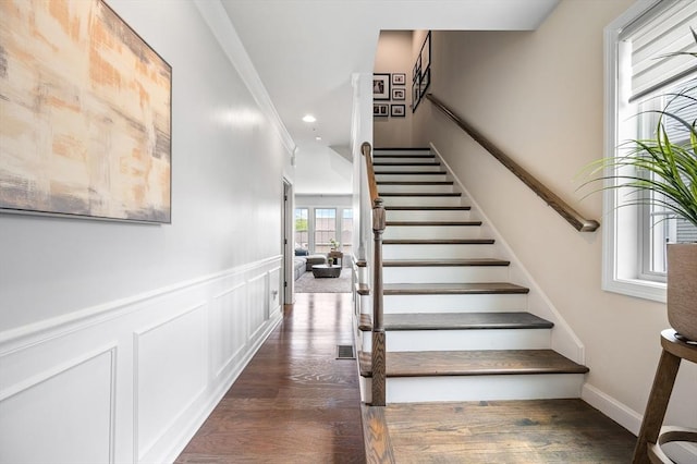 19 Locust Ln Unit 19, Hopkinton, MA 01748 - staircase featuring wood finished floors, ornamental molding, wainscoting, and recessed lighting
