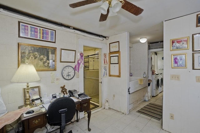 home office with washing machine and dryer and ceiling fan