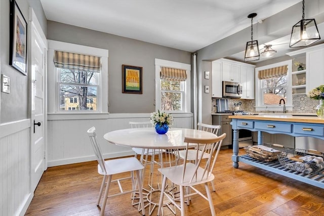 dining area featuring wainscoting, light wood-style flooring, and a healthy amount of sunlight