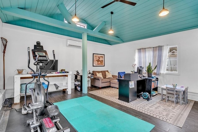 workout room featuring wood finished floors, a wall unit AC, wooden ceiling, lofted ceiling, and ceiling fan