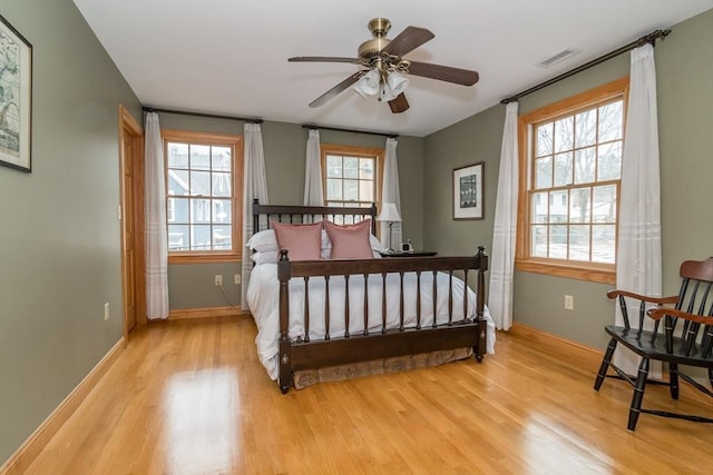 bedroom featuring ceiling fan and light hardwood / wood-style floors