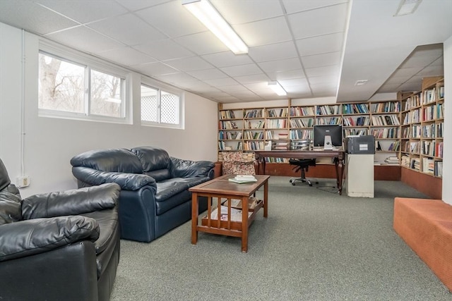 living room with a paneled ceiling and carpet flooring