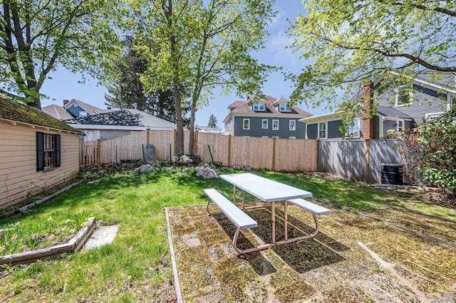 view of yard with a fenced backyard and central air condition unit