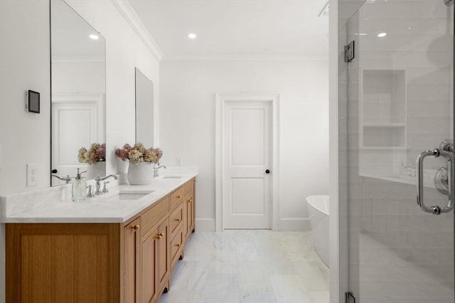 32 S Woodside Ave, Wellesley, MA 02482 - bathroom featuring double vanity, a shower stall, ornamental molding, a soaking tub, and recessed lighting