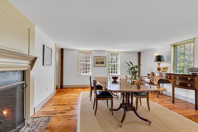 dining room with a fireplace with flush hearth and light wood-style flooring