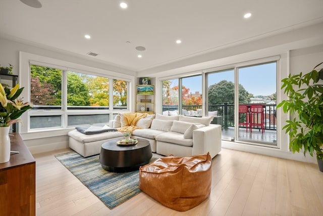 living room with crown molding, light hardwood / wood-style floors, and a healthy amount of sunlight