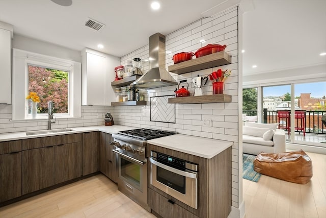 kitchen featuring appliances with stainless steel finishes, light hardwood / wood-style floors, backsplash, range hood, and sink