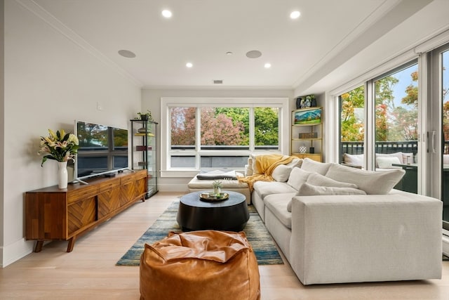 living room featuring a healthy amount of sunlight, ornamental molding, and light hardwood / wood-style flooring