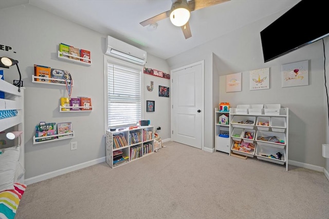 rec room featuring ceiling fan, a wall mounted AC, and light carpet