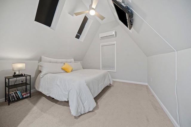 carpeted bedroom featuring ceiling fan, lofted ceiling, and a wall unit AC