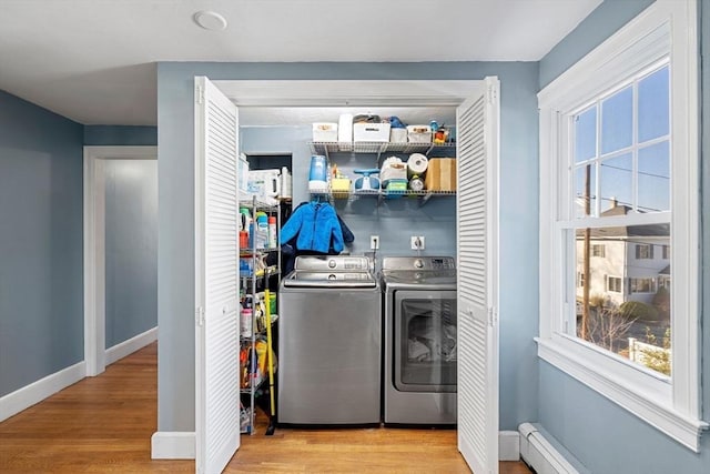12 Babson St, Wakefield, MA 01880 - washroom with washing machine and dryer, wood finished floors, and a baseboard radiator