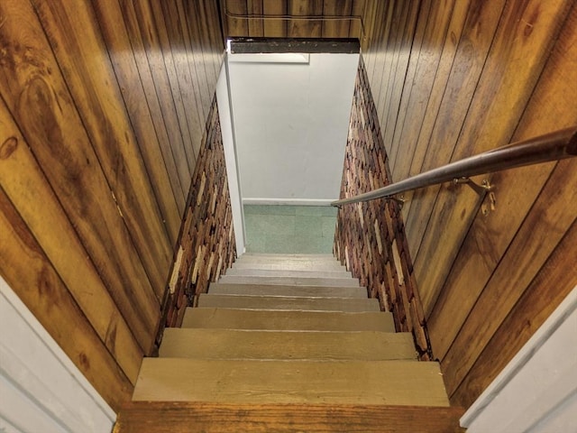 stairway with wood walls