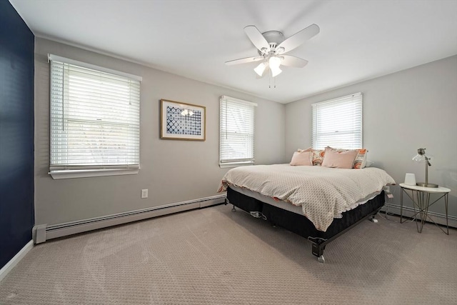 bedroom featuring carpet flooring, a ceiling fan, a baseboard heating unit, and a baseboard radiator