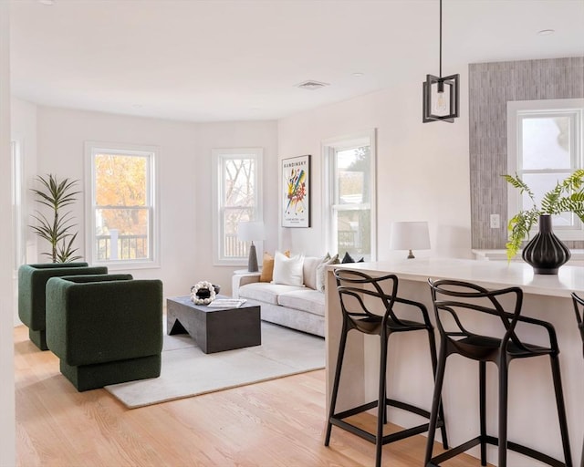 living room with plenty of natural light and light wood-type flooring