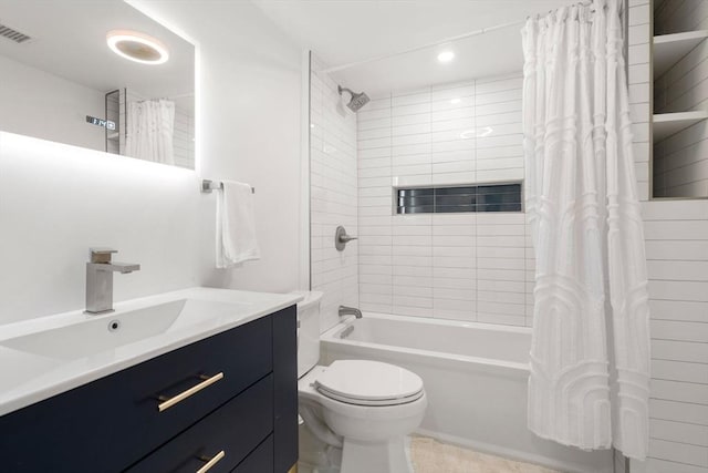 full bathroom with toilet, vanity, and shower / bathtub combination with curtain