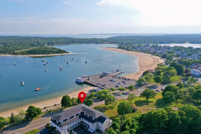 drone / aerial view with a water view