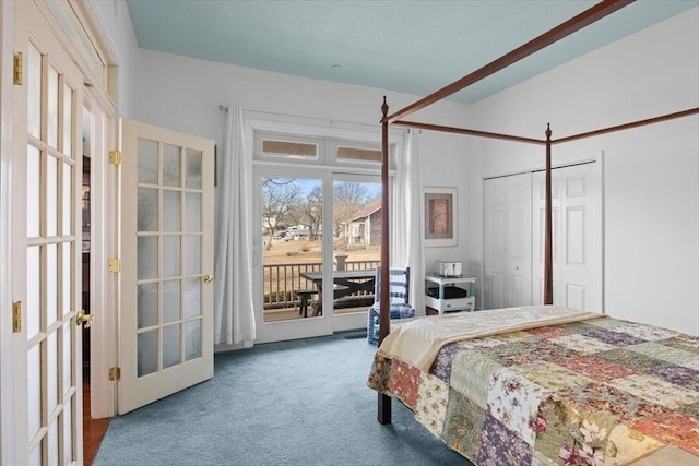 carpeted bedroom featuring french doors, a closet, and access to exterior