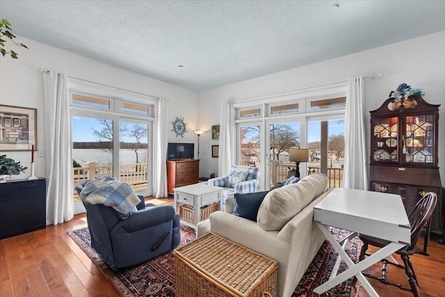 living room with a healthy amount of sunlight, a textured ceiling, and wood finished floors