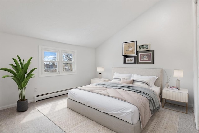 bedroom featuring a baseboard heating unit, light colored carpet, and vaulted ceiling