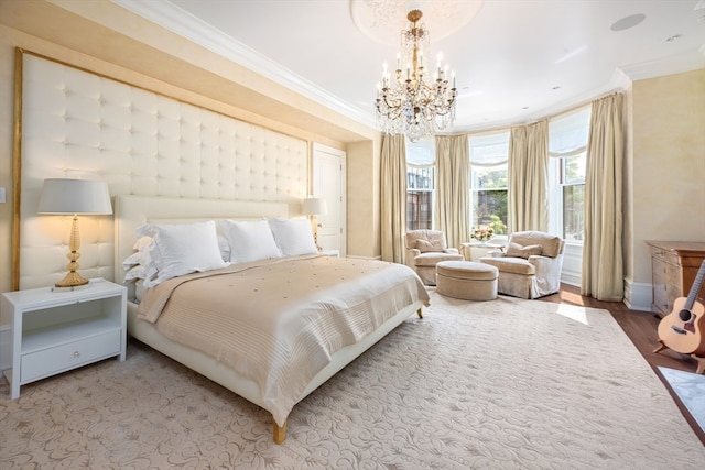 bedroom featuring crown molding, a chandelier, and hardwood / wood-style flooring